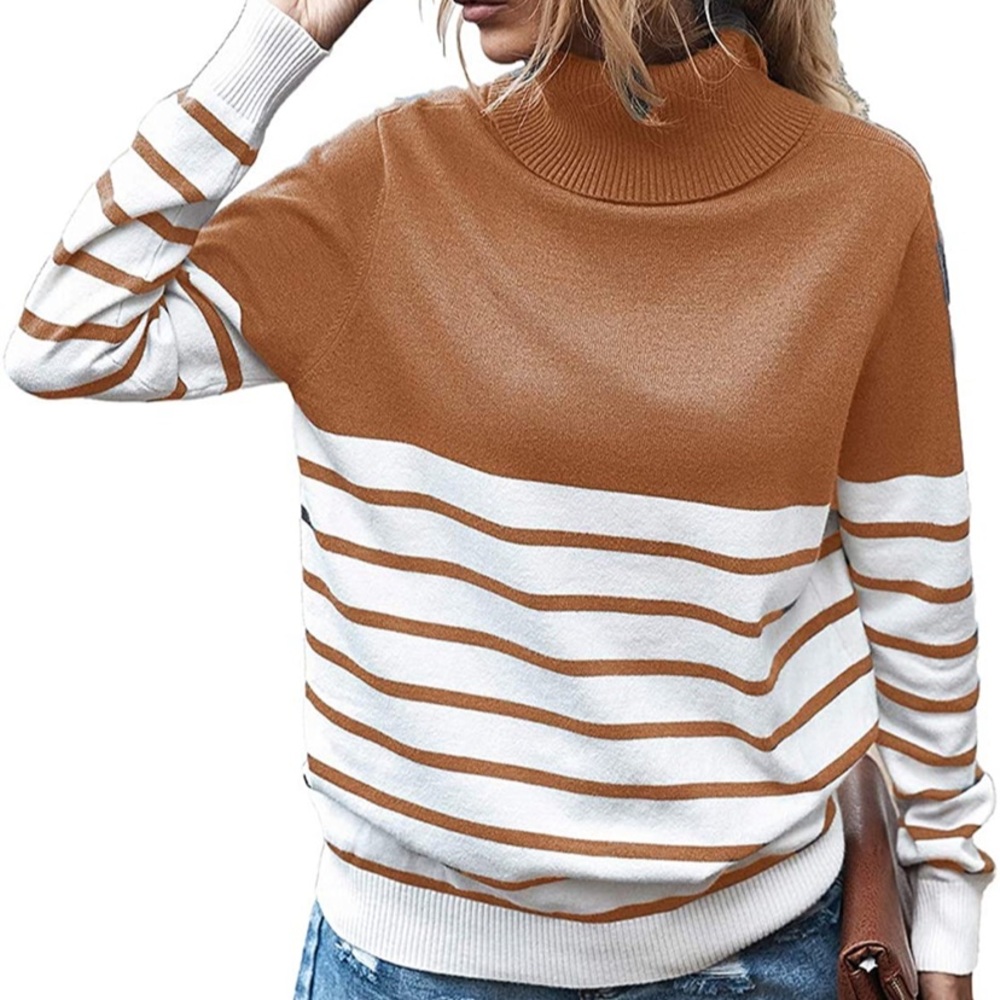 Women’s Turtleneck Knitted Sweater Long Sleeves Stripe Color Block Patchwork
